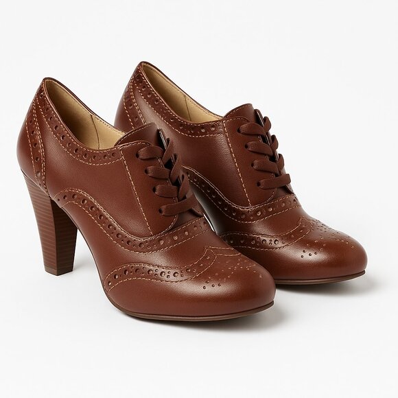 American Eagle “Javelin” Brown Wingtip Oxford Heels – Brogue Lace-Up Pumps Sz 9 - Picture 1 of 8